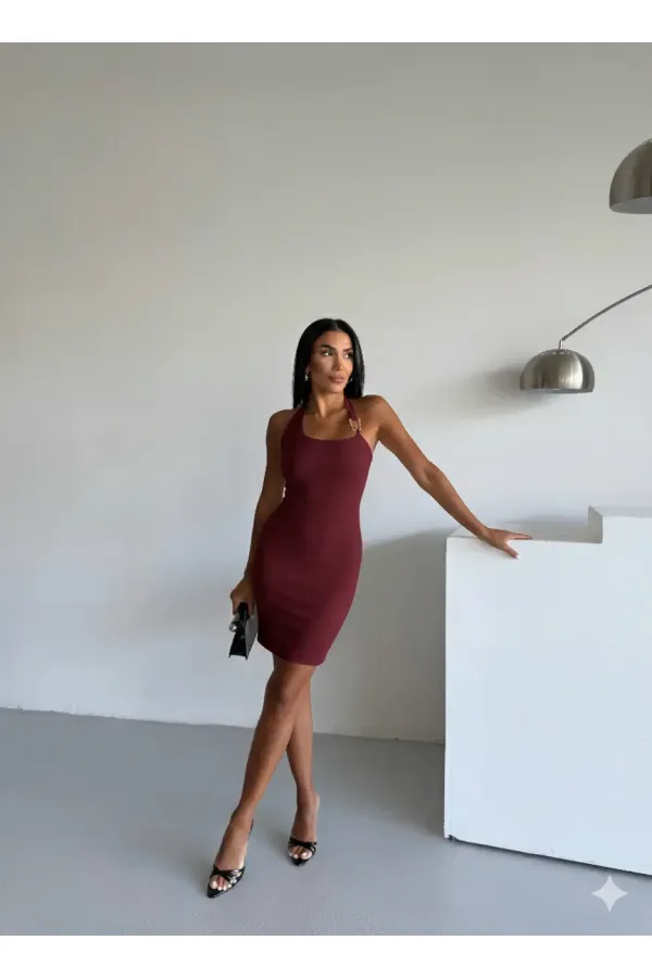 Women's Burgundy Ottoman Fabric Halter Neck Buckle Detail Dress HZL26W-FRY123411