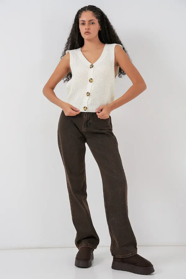 Gilet court boutonné en maille - Écru 15881