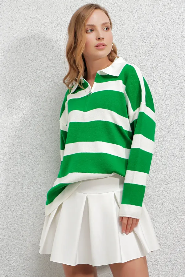 Pull oversize en maille à rayures vertes et col polo pour femme, zippé, HZL23W-BD145121