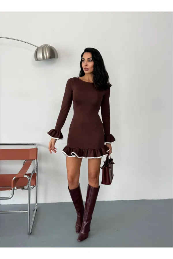Women's Brown Long Sleeve Flounce and Piping Diving Fabric Mini Dress HZL25W-FRY123401