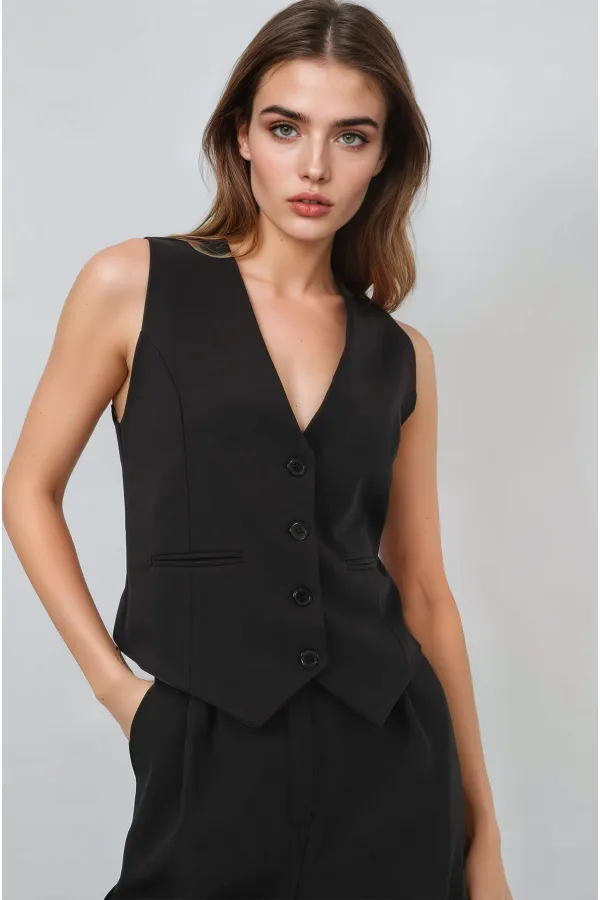 Kadın Siyah Yelek Pantolon Takım HZL25S-BD167091