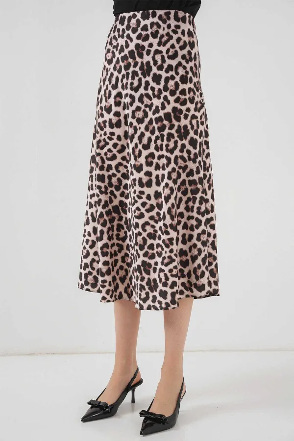 Kadın Vizon Leopar Desenli Saten Yüzeyli Beli Lastikli Midi Boy Etek Hzl23S-BD1101471