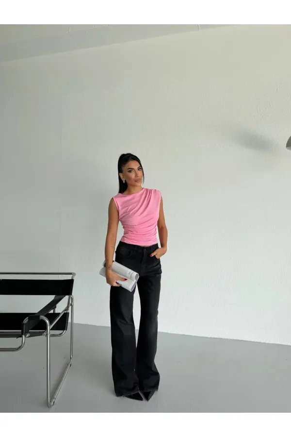 Chemisier rose sans manches à fronces pour femme, couleur sable, référence HZL26W-FRY122751