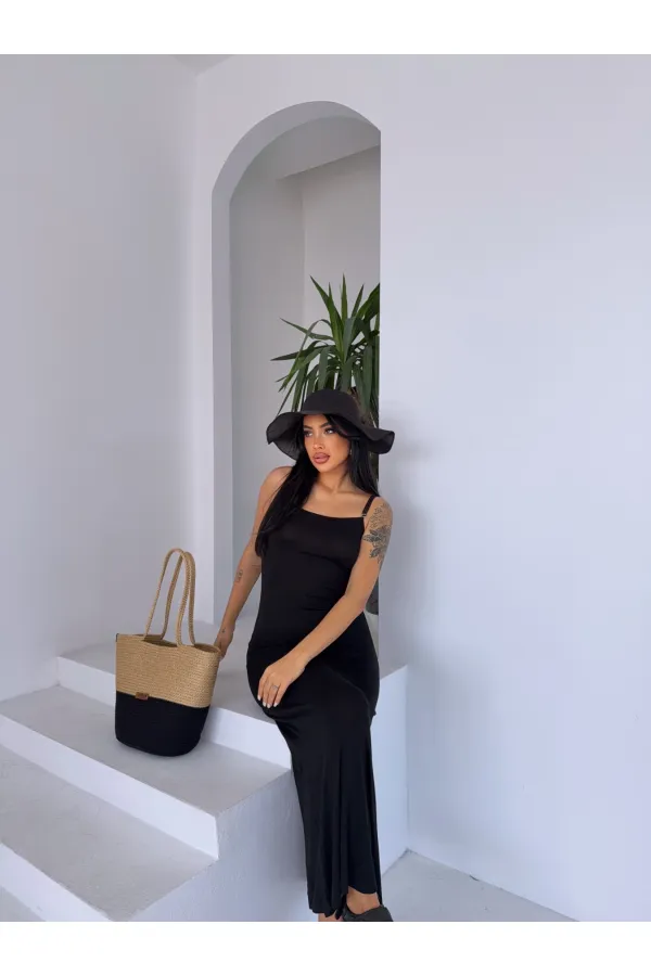 Kadın Siyah Ayarlanabilir Askılı Midi Boy Elbise HZL25S-FRY122921