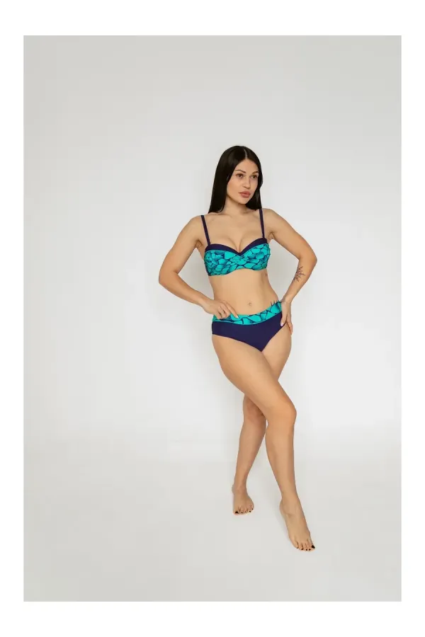 Women's Green Navy Blue Patterned Lined Bikini Set HZL25S-LC25143