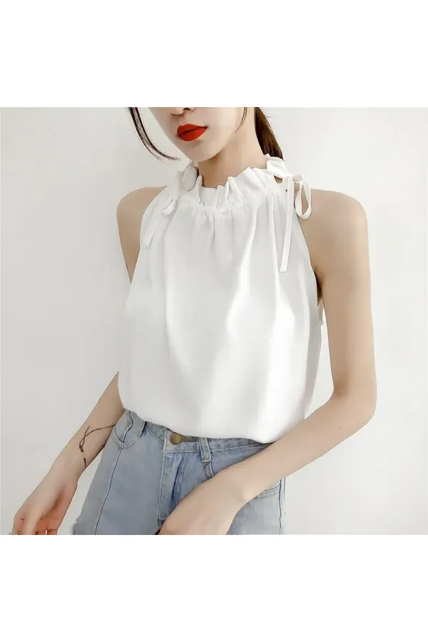 Kadın Beyaz Boynu Büzgü Detaylı Kolsuz Dokuma Şık Bluz  HZL22S-DSB110021