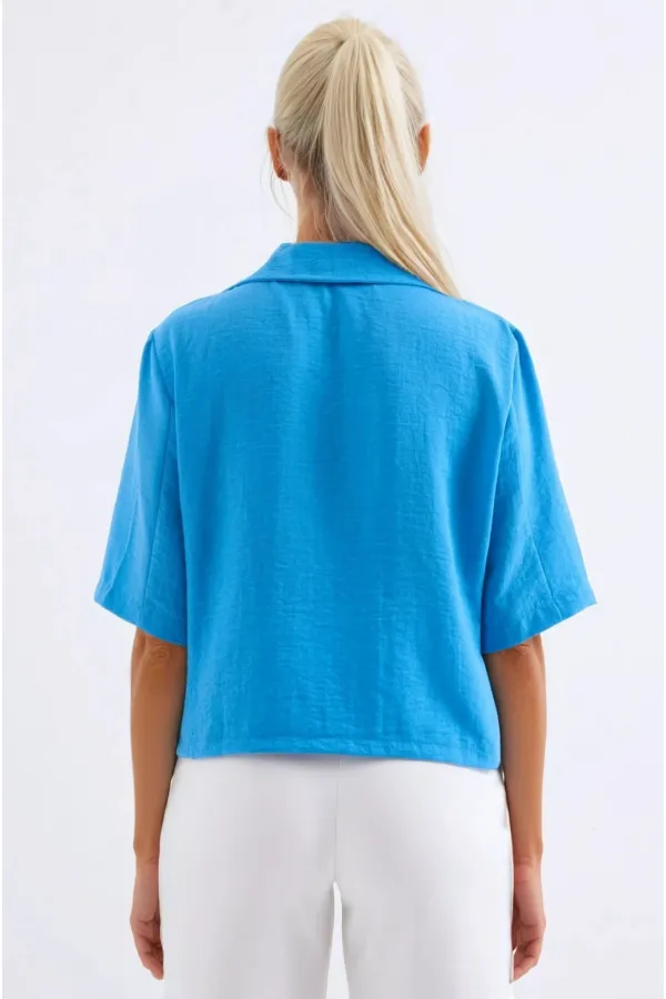 Veste Ayrobin en lin bleu à manches courtes et col châle pour femme, boutonnée, HZL24S-BD107061