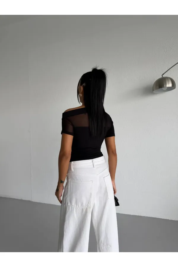 Kadın Siyah Tek Omuz Transparan Tül Detaylı Şık Sandy Bluz HZL26S-FRY123871