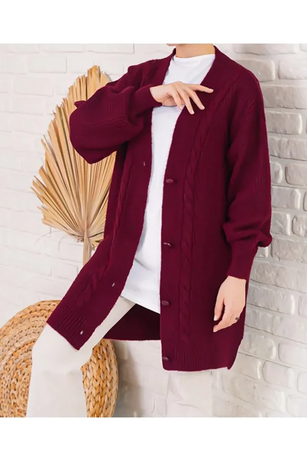 Women's Burgundy Hair Knit Pattern Long Buttoned Casual Cut Knitwear Cardigan HZL23W-BD1100691