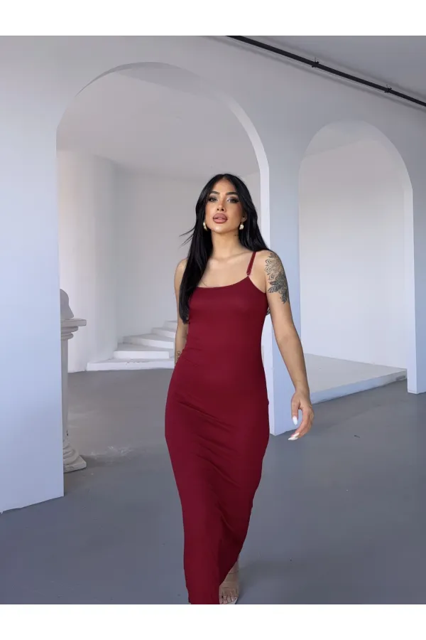 Kadın Bordo Ayarlanabilir Askılı Midi Boy Elbise HZL25S-FRY122921