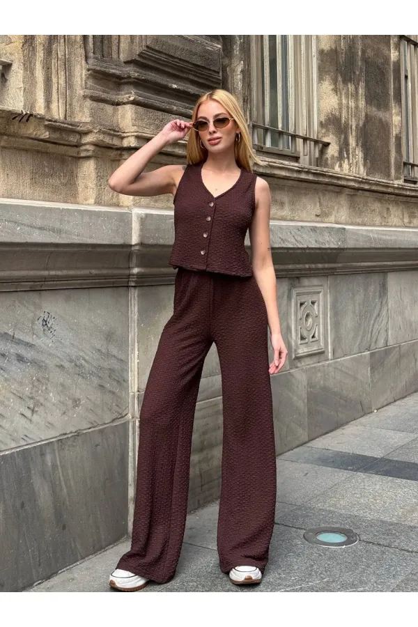 Kadın Kahverengi Beli Lastilkli Gofre Kumaş Pantolon HZL24S-ZK13261