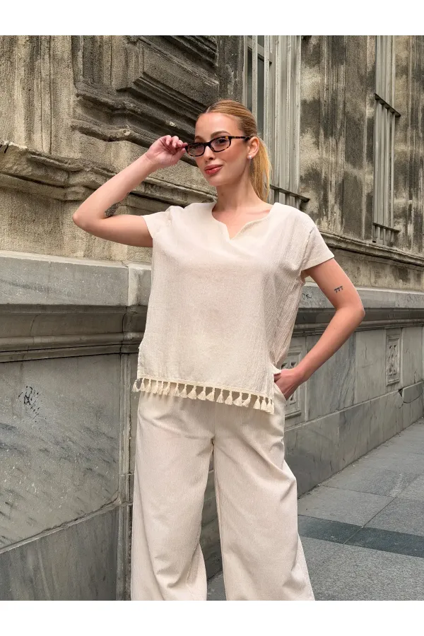 Women's Cream-Colored, Relaxed Fit Linen Top and Bottom Set with Tassel Detail HZL26S-VL14181