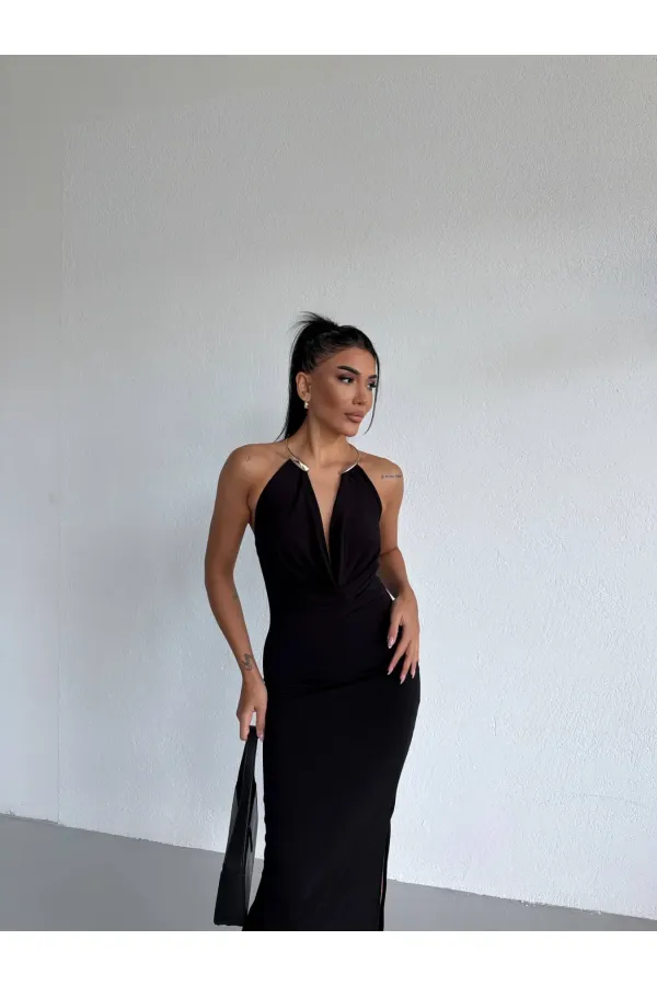 Women's Black Sandy Midi Dress with Neck Accessory and Side Slit HZL26S-FRY123841