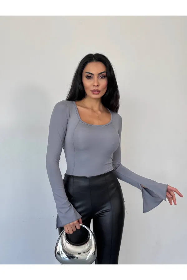 Kadın Gri Uzun Kollu Arkası Bağlamalı Fit Kesim Crop Bluz HZL25W-FRY122771