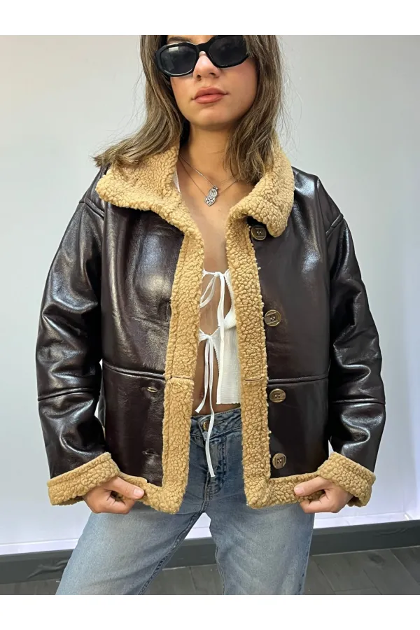 Kadın Acı Kahve İçi Suni Kürklü Önden Düğmeli Suni Deri Mont HZL23W-BRC129311