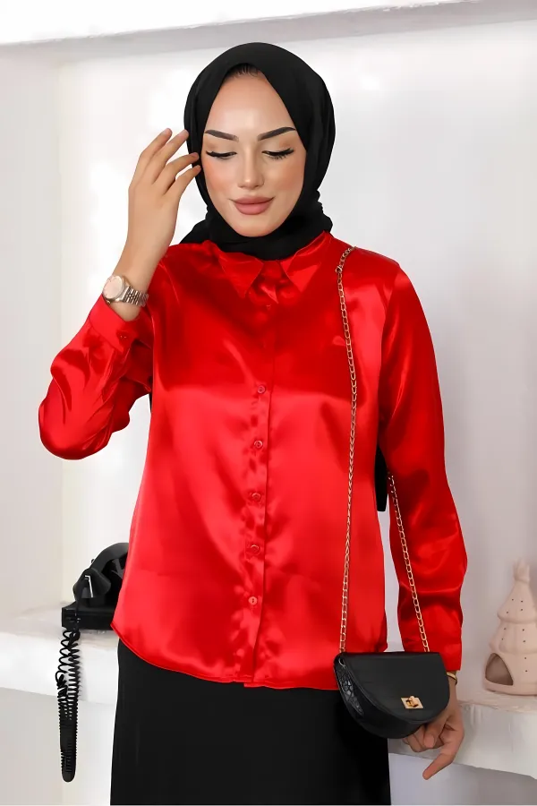 Chemise hijab rouge satinée pour femme HZL25W-BD139641