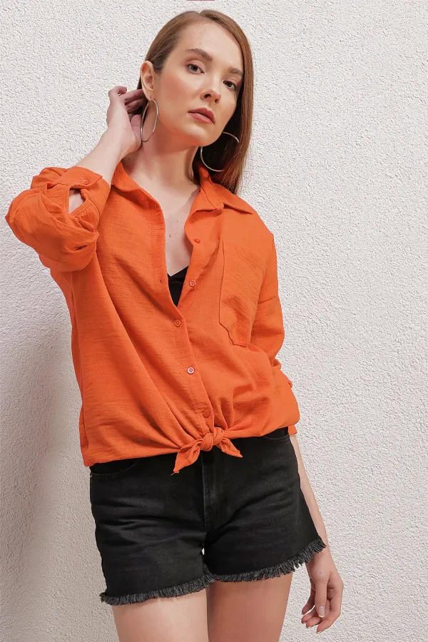 20153 Single Pocket Oversize Linen Shirt - Orange