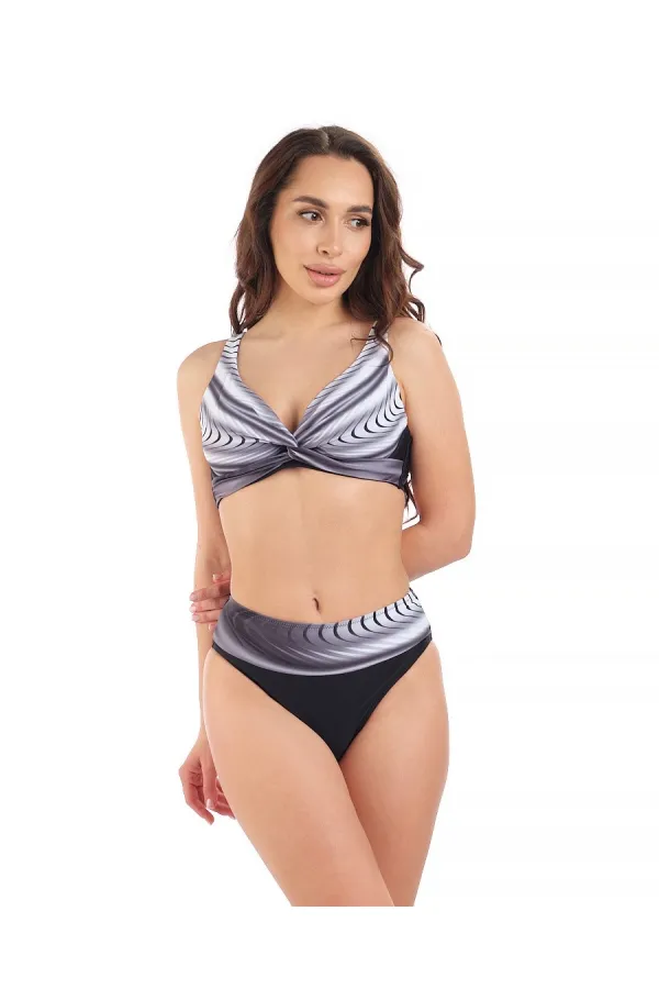Kadın Siyah Beyaz Desenli Yüksel Bel Astarlı Bikini Takımı HZL25S-LC22315-5