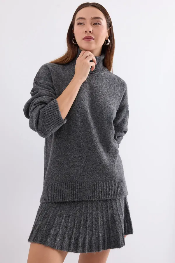 15891 Sweater Skirt and Knitwear Two-Piece Set - Anthracite