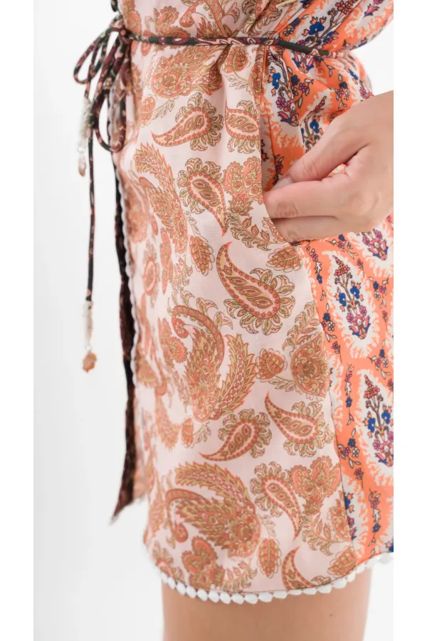 Kadın Kahverengi Sarı İp Kemerli Küpürlü Gömlek Görünümlü Elbise HZL24S-YY237