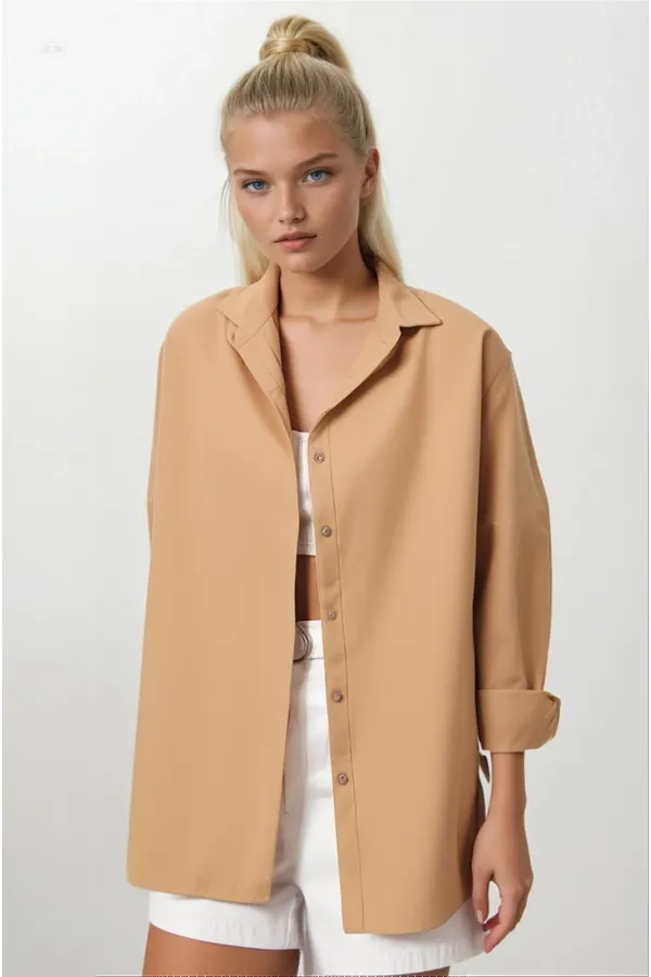 Kadın Camel Oversize Uzun Basic Gömlek  HZL22W-BD139001
