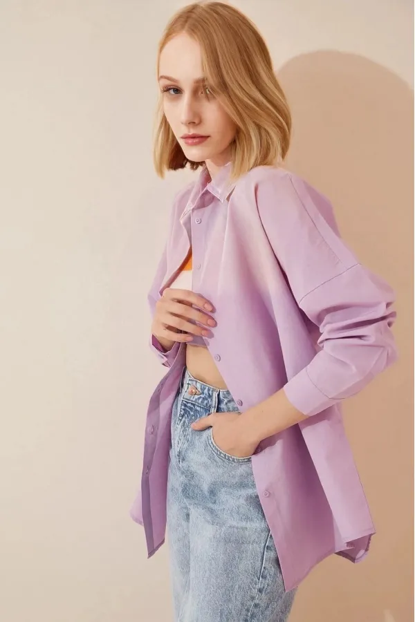 Kadın Açık Lila Oversize Uzun Basic Gömlek  HZL22W-BD139001