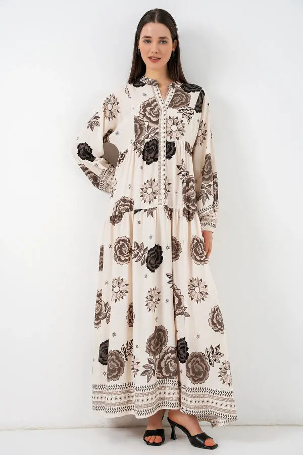 Robe longue hijab à motifs pour femme 2585 - Beige clair