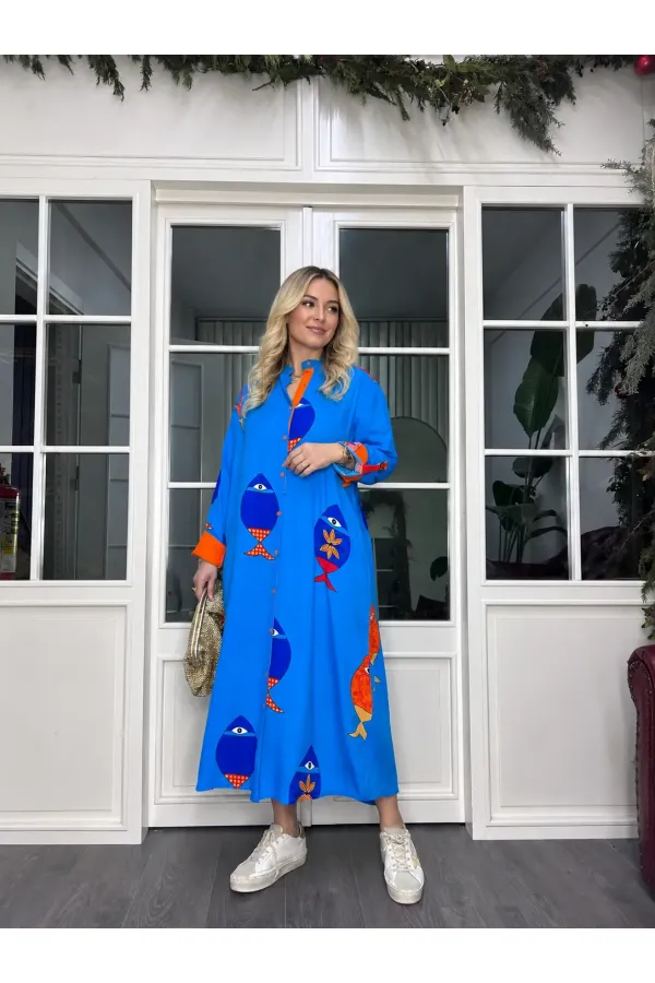 Women's Blue Plus Size Fish Pattern One Size Viscose Fabric Shirt Dress HZL26S-VL12551 Women's Blue Plus Size Fish Pattern One Size Viscose Fabric Shirt Dress HZL26S-VL12551