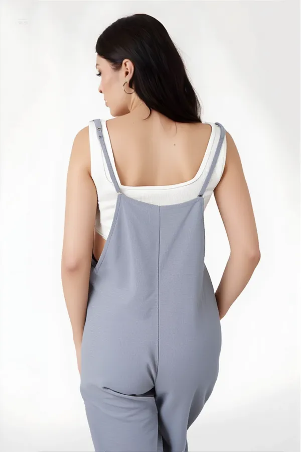 Women's Gray Adjustable Straps Pocket Wide Leg Gardener Overalls HZL22S-BD170191