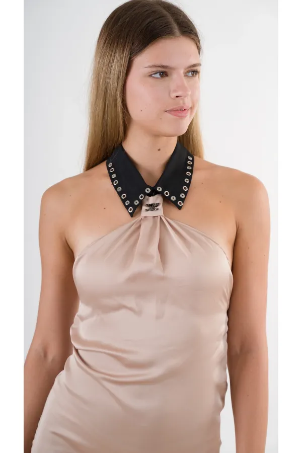 Kadın Bej Halter Yaka Saten Kumaş Sırt Dekolteli Mini Elbise HZL24S-YY262