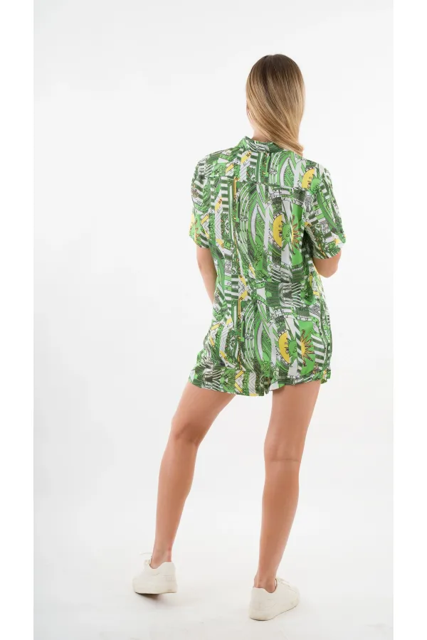 Kadın Yeşil Desenli Şort Gömlek Alt Üst Takım  HZL24S-YY226