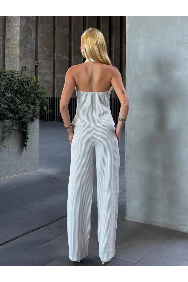 Kadın Vizon Çizgili Önü Fermuarlı Bluz Pantolon İkili Takım HZL25S-ZK13691