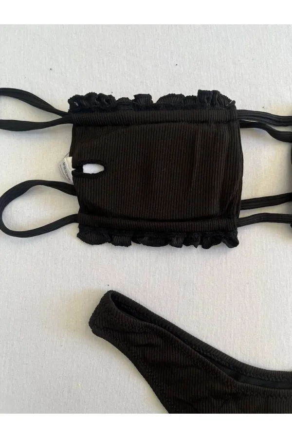 Women's Black String-Tied Gathered Strapless Bikini Set HZL25S-LC2226