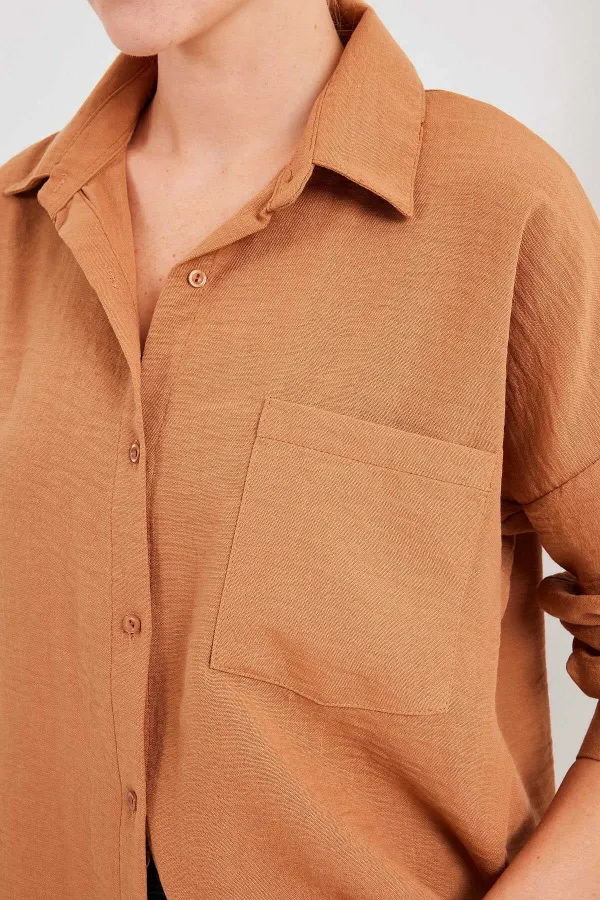 Kadın Camel Tek Cepli Oversize Keten Ayrobin Gömlek HZL24S-BD1201531