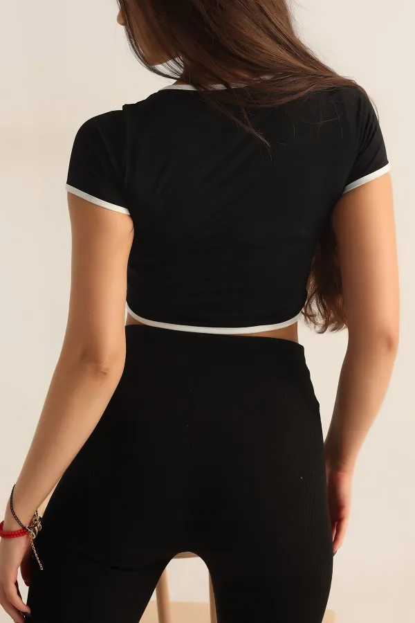 Kadın Siyah Beyaz Biyeli Kısa Kol Likralı SendyCrop Bluz HZL24S-SND190901