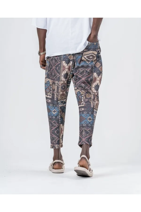 Pantalon de survêtement coupe droite à motif Kilim bleu camel pour homme, taille nouée, HZL24S-MXC8948-266
