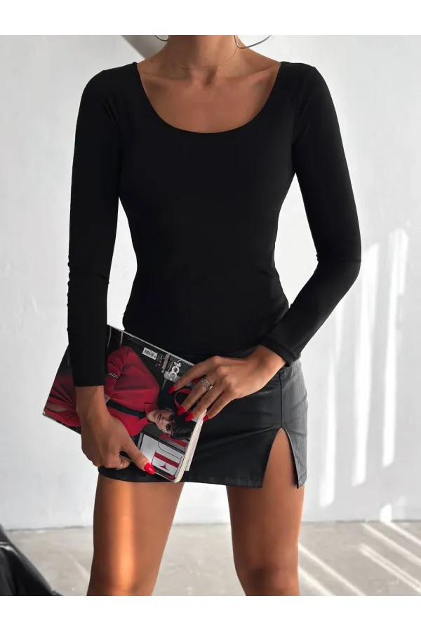 Kadın Siyah U Yaka Uzun Kollu Sandy Bluz HZL25S-FRY122471