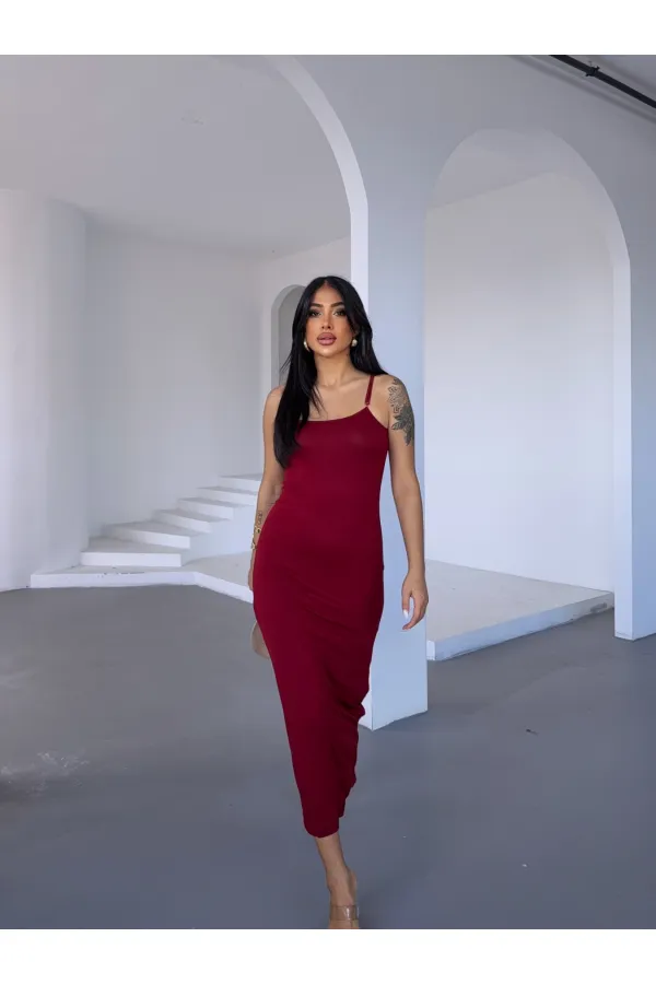 Kadın Bordo Ayarlanabilir Askılı Midi Boy Elbise HZL25S-FRY122921