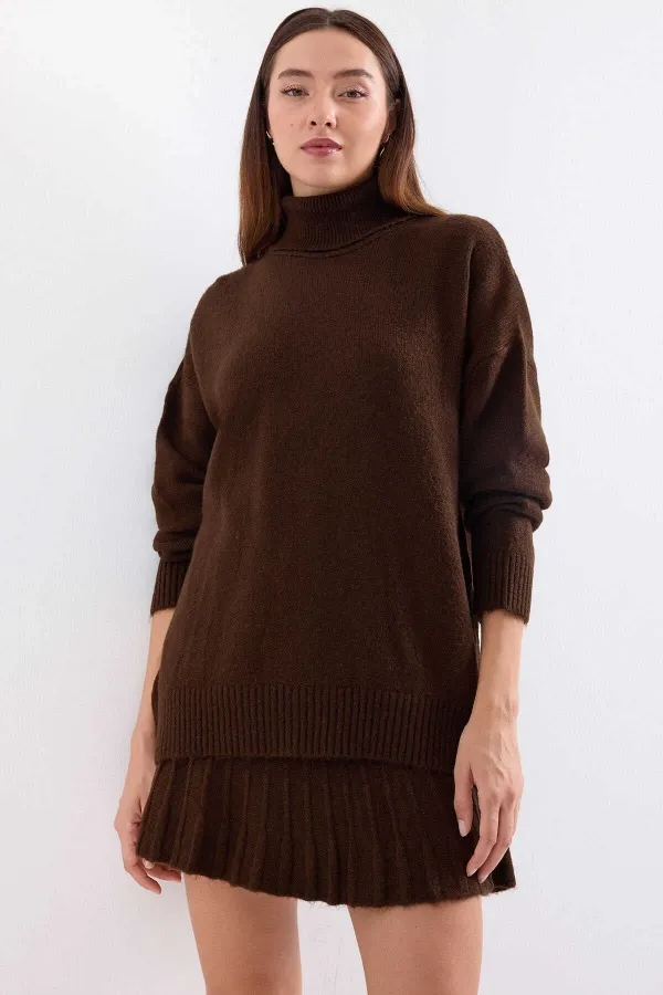 Ensemble deux pièces en tricot avec jupe et pull marron pour femme HZL25W-BD1102641