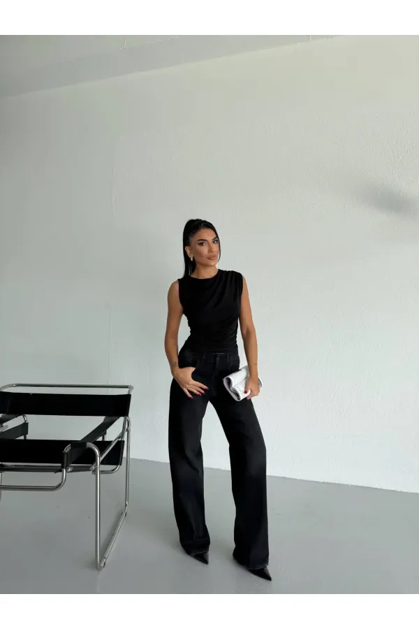 Kadın Siyah Büzgülü Kolsuz Sandy Bluz HZL26W-FRY122751