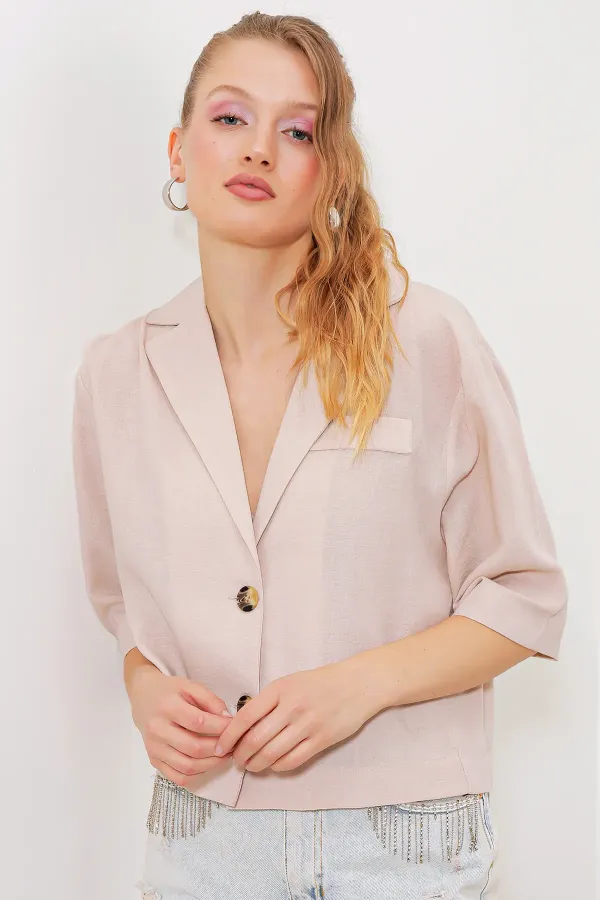 Women's Cream Double-Button Oversize Crop Linen Jacket 0706