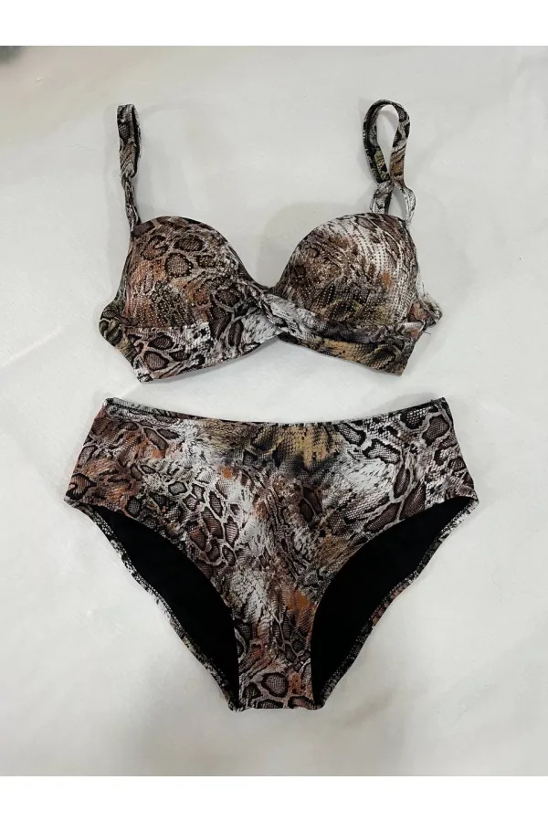 Kadın Kahverengi Leopar Desenli Astarlı Büyük Beden Bikini Takımı HZL25S-LC25006