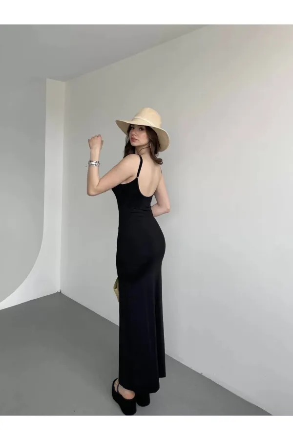 Kadın Siyah Sırtı Açık Yumuşak Dokulu Elbise HZL25S-ZK13281