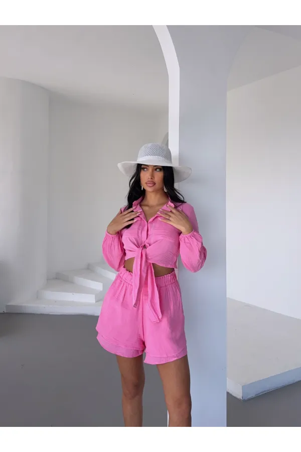 Kadın Pembe Müslin Keten Şort Gömlek Alt Üst Takım HZL25S-DSB1012