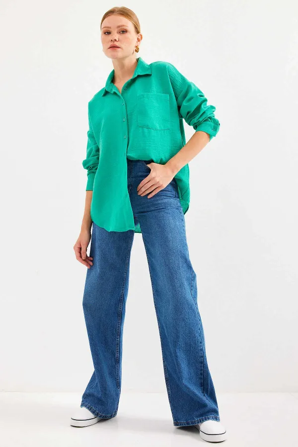 Kadın Su Yeşil Tek Cepli Oversize Keten Ayrobin Gömlek HZL24S-BD1201531