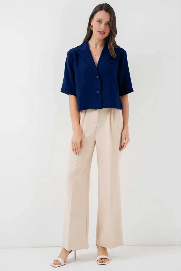 Women's Navy Blue Short Sleeve Shawl Collar Buttoned Seasonal Linen Ayrobin Jacket HZL24S-BD107061