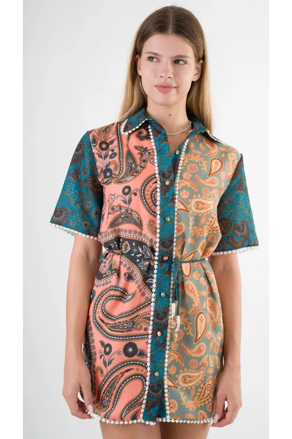 Kadın Yeşil Sarı İp Kemerli Küpürlü Gömlek Görünümlü Elbise HZL24S-YY237