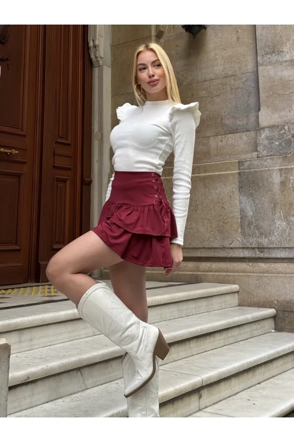 Kadın Bordo Kuş Gözlü Fır Fır Detaylı Mini Etek HZL25W-ZK11391