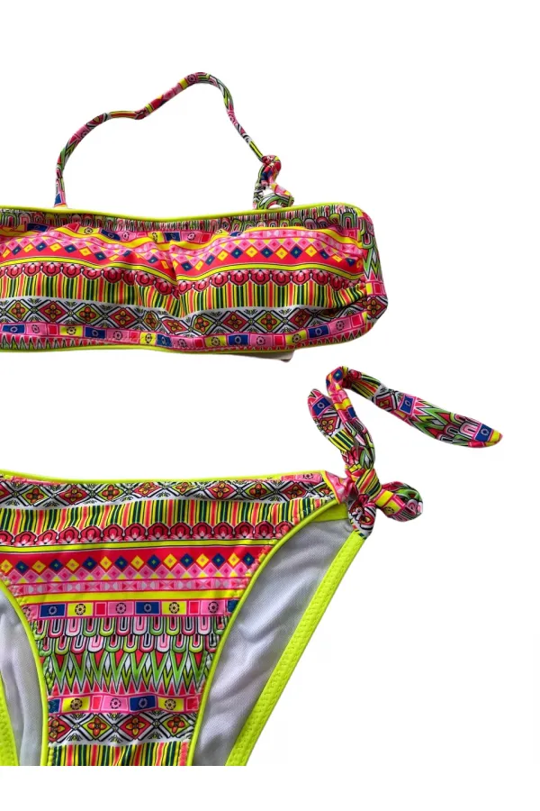 Kız Çocuk Neon Sarı Çok Renkli Astarlı 4-12 Yaş Straplez Bikini Takım HZL24S-LC6355