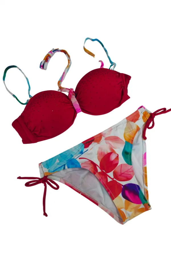Ensemble bikini doublé orné de pierres rouges pour femme HZL25S-LC207
